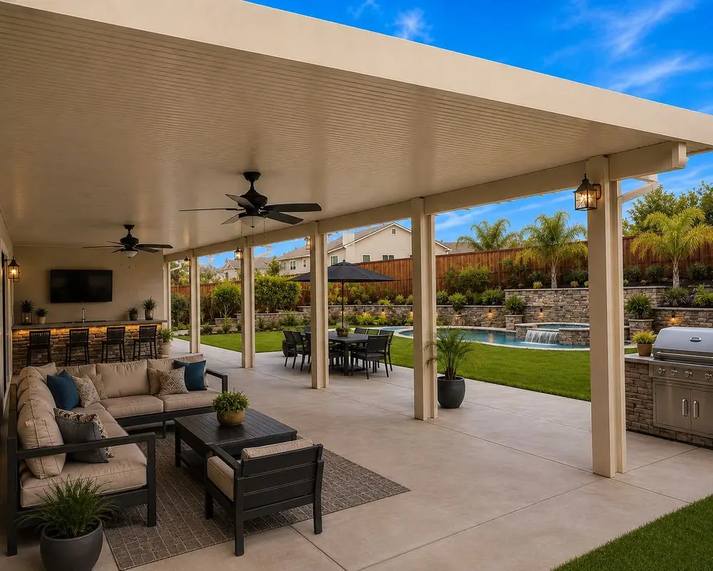 Solid wood-grain aluminum patio cover providing full shade over an outdoor living area and pool at dusk