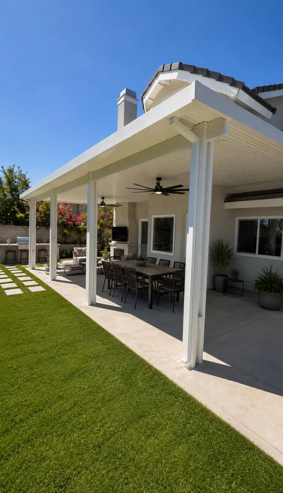 White wood-grain aluminum patio cover along a single-story home with a lawn