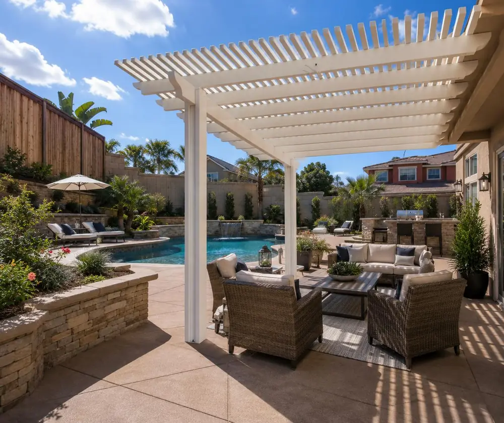 White open-lattice aluminum patio cover beside a pool and spa lounge