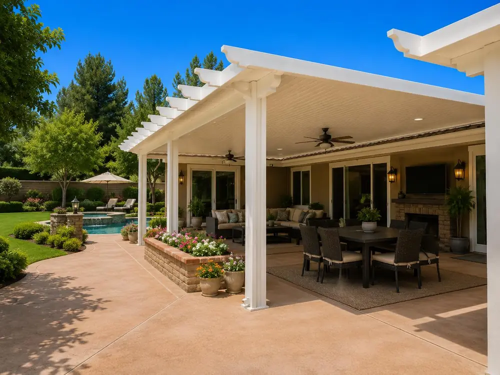 White aluminum patio cover with a brick flower planter beside a pool