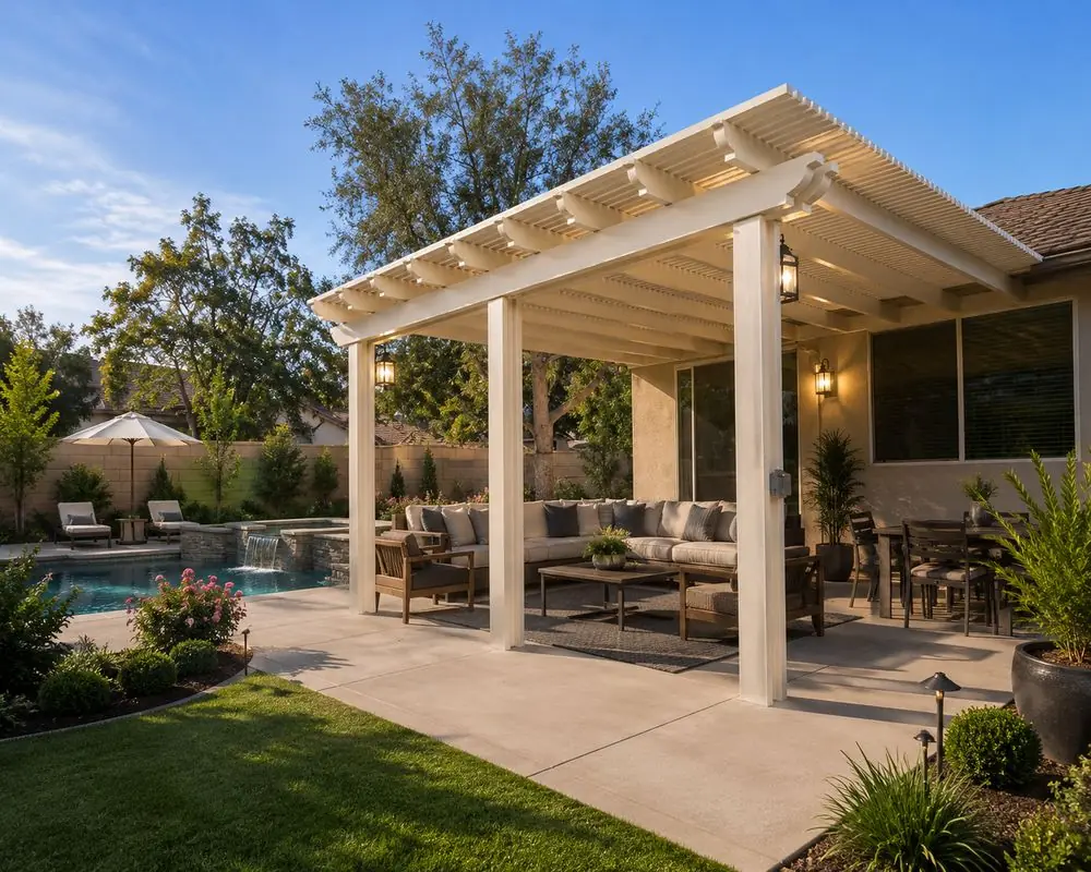 Open-lattice wood-grain aluminum patio cover casting filtered shade beside a pool at sunset
