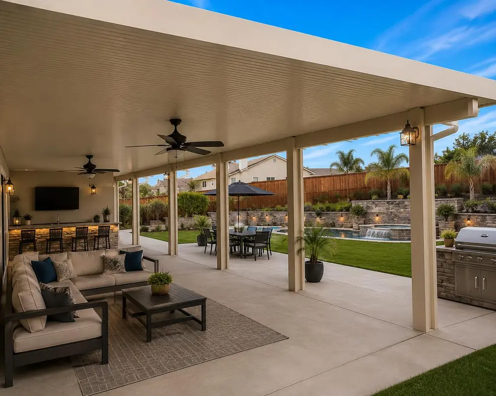 Almond aluminum patio cover wrapping a backyard with an outdoor kitchen and dining