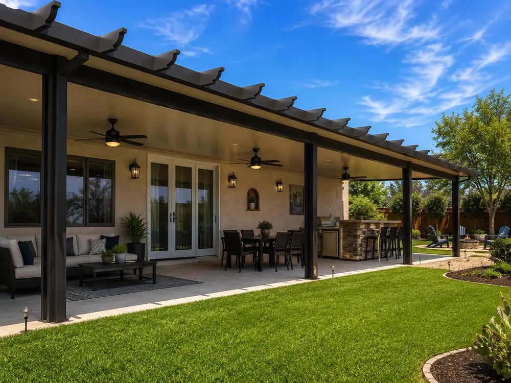 Slate-gray aluminum patio cover running the length of a backyard living and dining patio