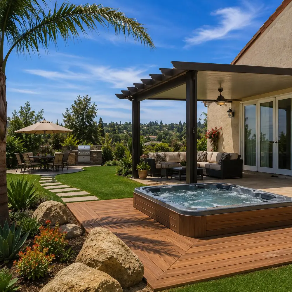 Brown wood-grain aluminum patio cover next to a built-in spa and deck