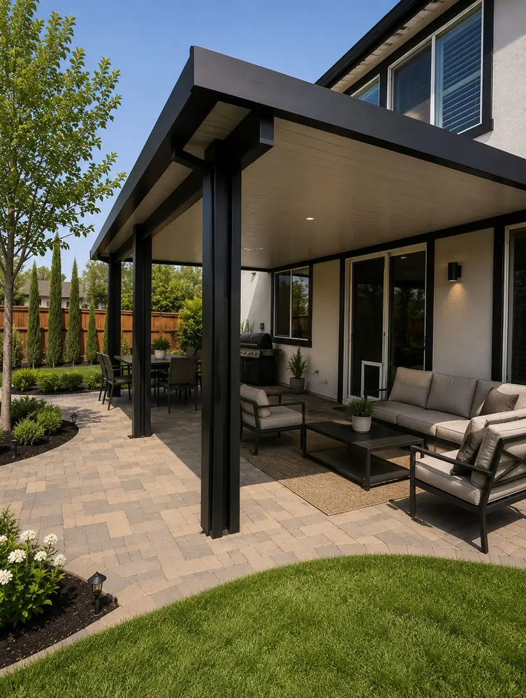 Black wood-grain aluminum patio cover over a paver patio with modern lounge seating