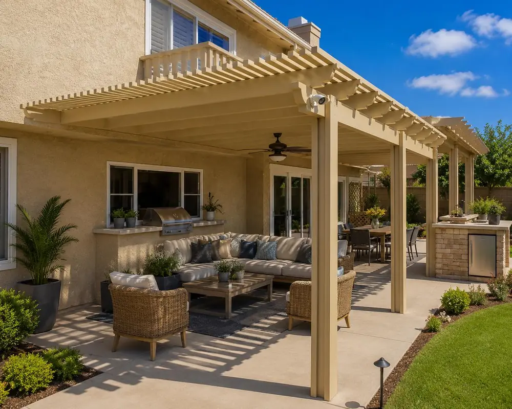 Almond open-lattice aluminum patio cover over a long outdoor kitchen and dining run