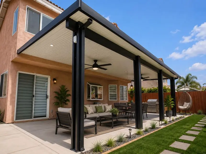 Black aluminum patio cover with a built-in BBQ in a Corona, CA backyard