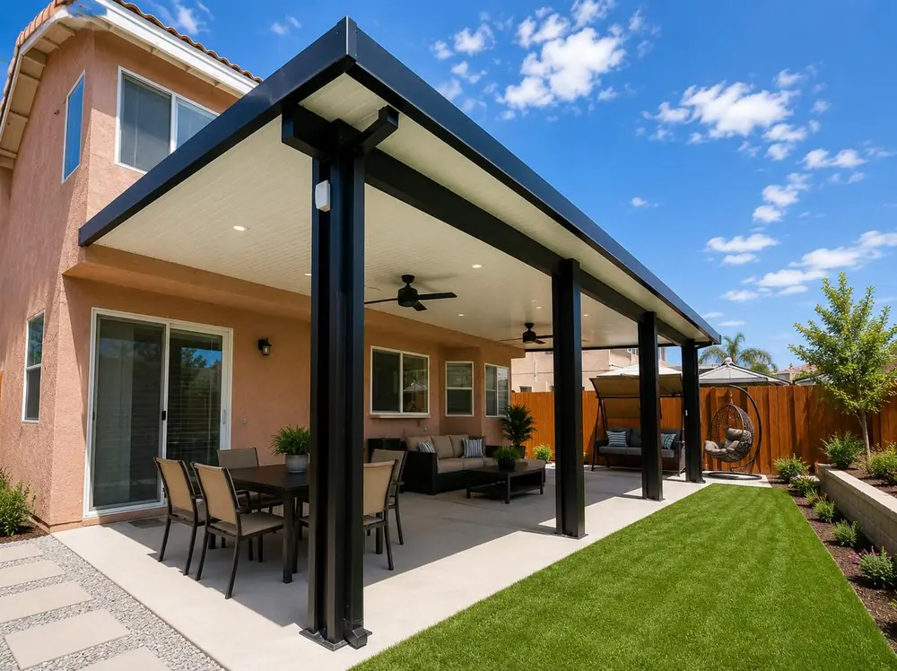 Black insulated aluminum patio cover spanning a full-width entertaining patio with bar