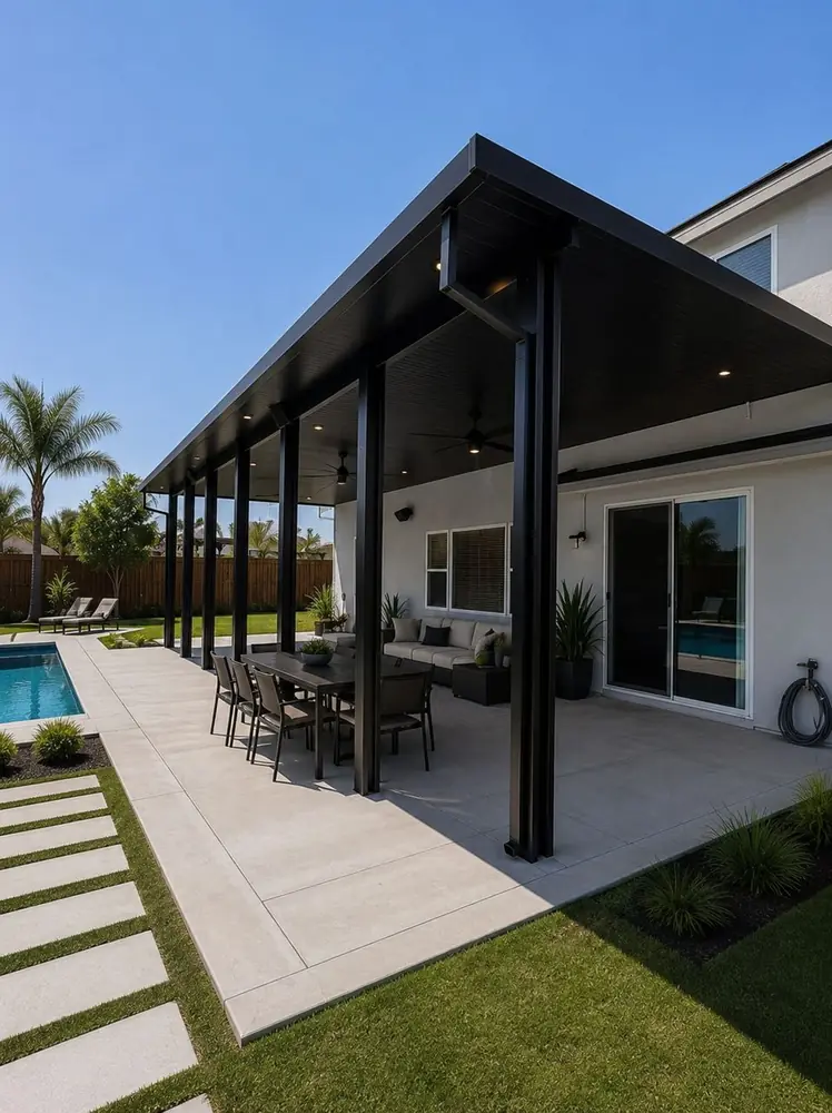 Black wood-grain aluminum patio cover beside a pool with modern lounge seating