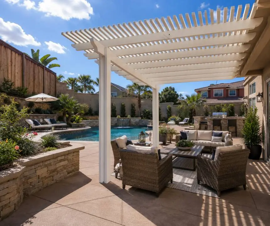 Open lattice wood-grain aluminum patio cover