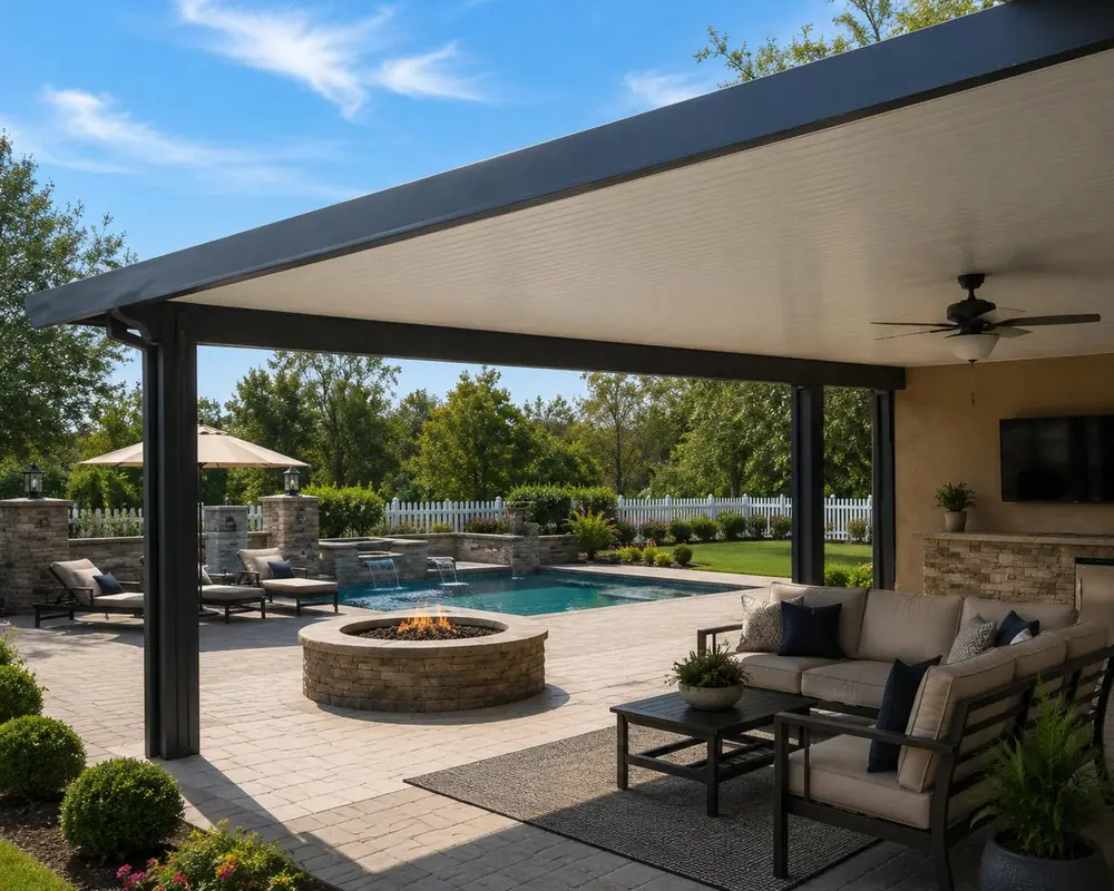 Slate aluminum patio cover over a lounge with a stone fire pit and pool