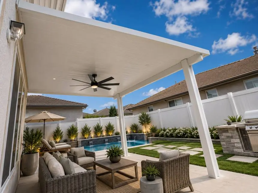 All-white solid wood-grain aluminum patio cover
