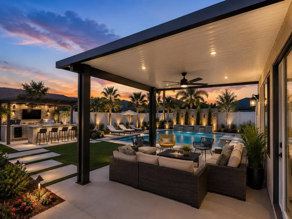 Slate insulated aluminum patio cover beside a resort-style pool at sunset