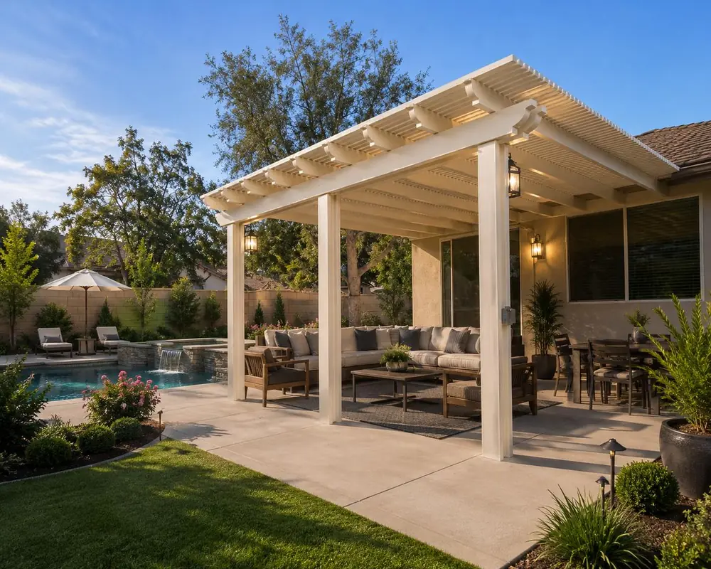 Cream open-lattice aluminum patio cover over a corner outdoor lounge