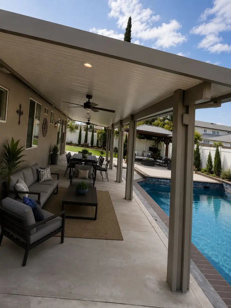 Slate-gray wood-grain aluminum patio cover beside a pool with lounge and dining