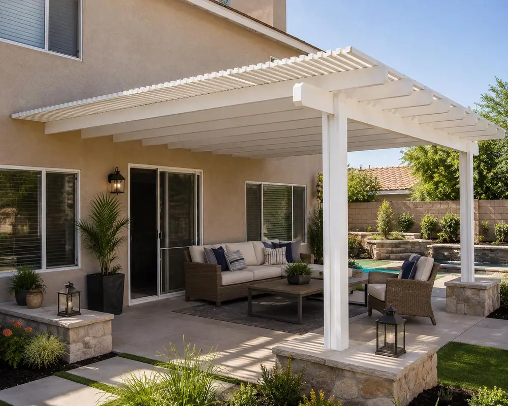 White open-lattice aluminum patio cover on stone columns over a backyard lounge
