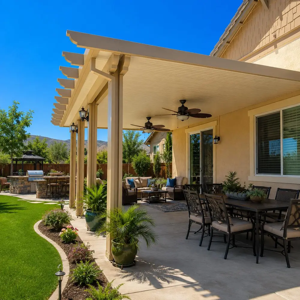 Almond aluminum patio cover with lattice trim over a backyard dining area with mountain views