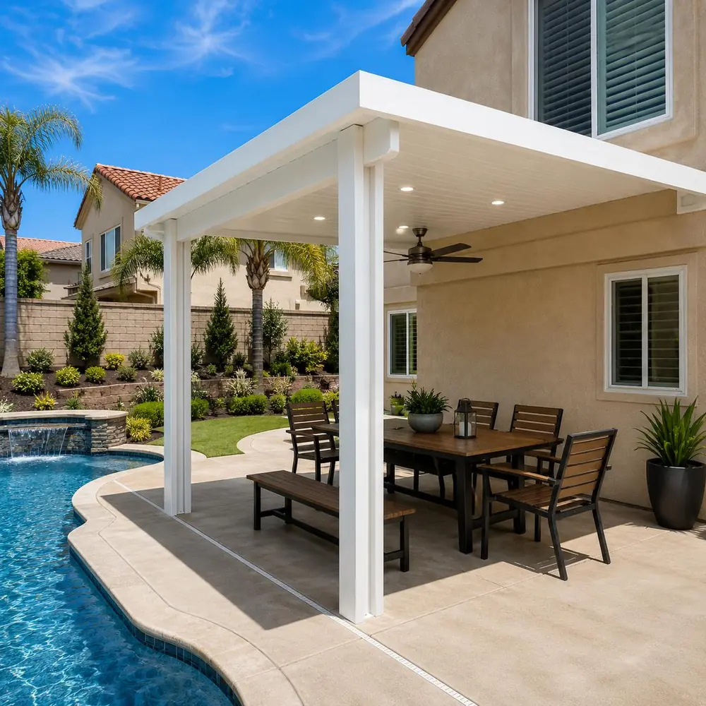 White insulated aluminum patio cover over a poolside dining table