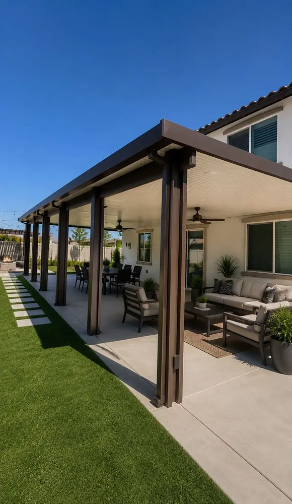 Bronze wood-grain aluminum patio cover running along a single-story home