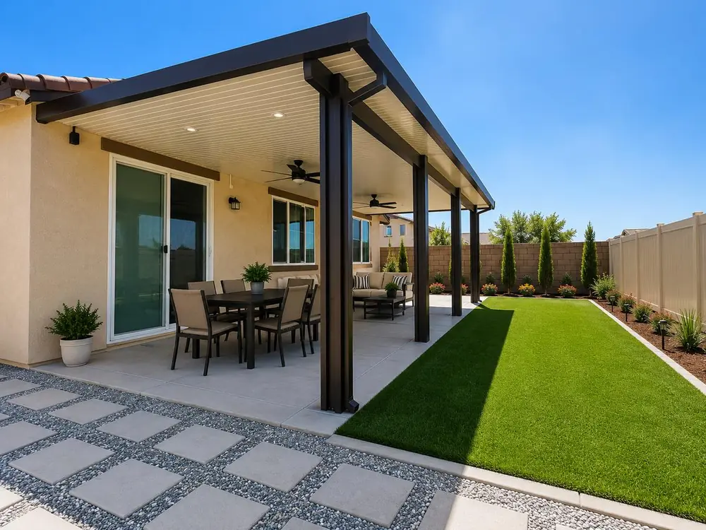 Espresso insulated aluminum patio cover over a backyard dining patio