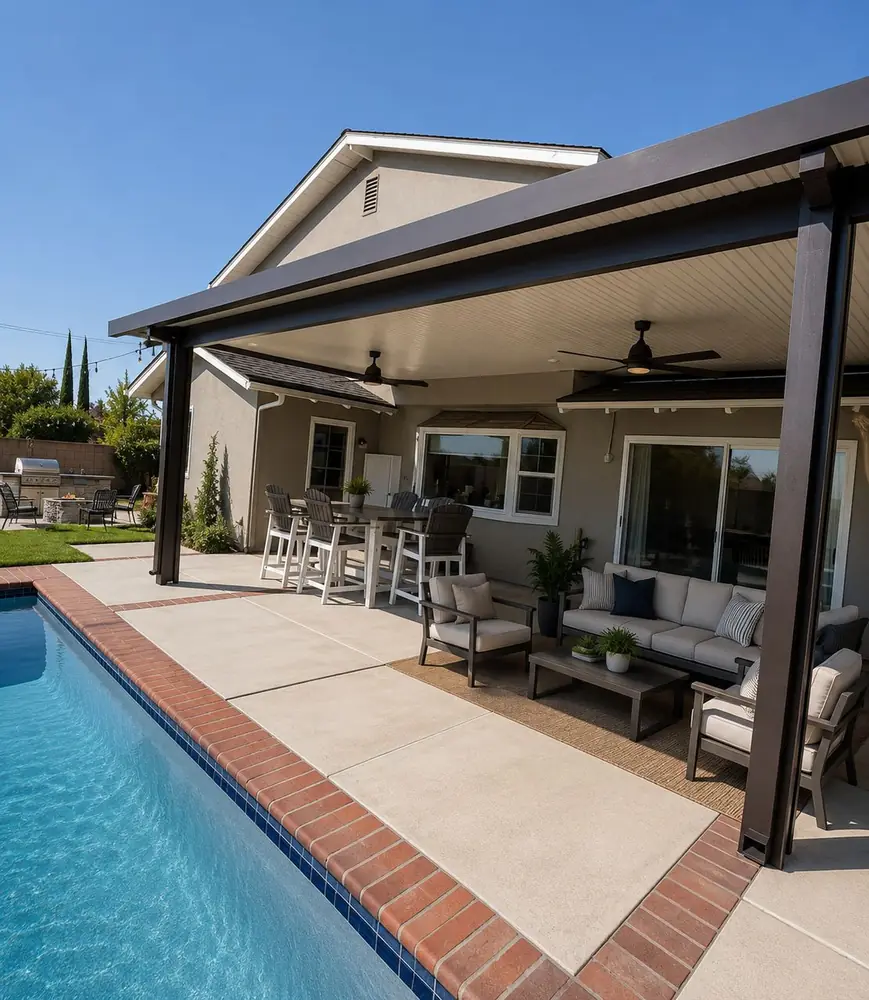 White patio cover with black trim beside a pool with bar-height seating