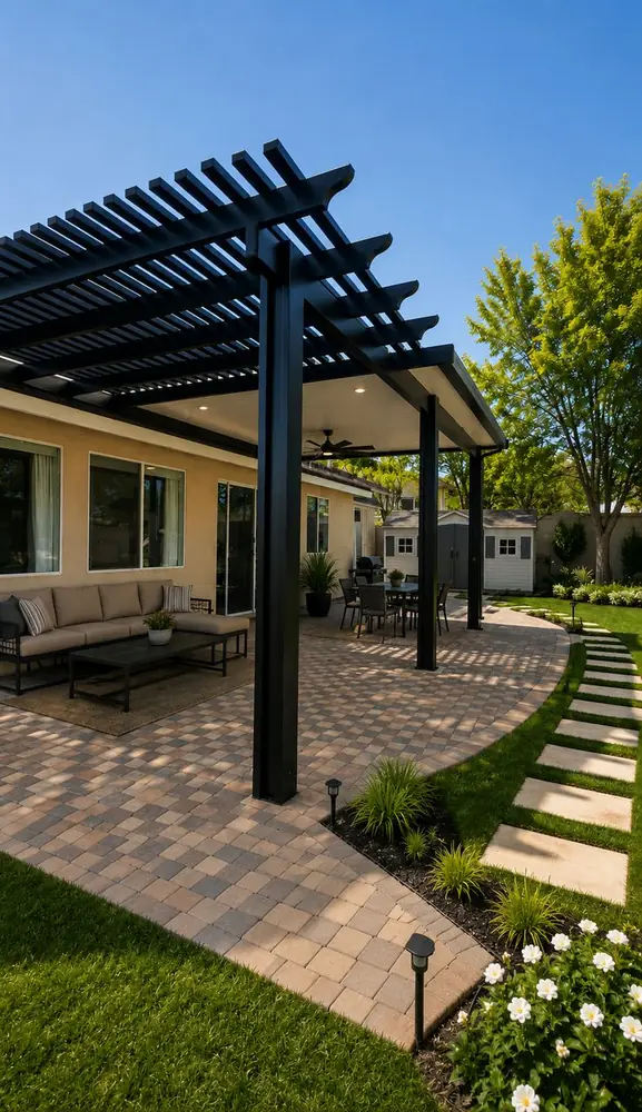 Black open-lattice aluminum patio cover over a paver patio with lounge seating
