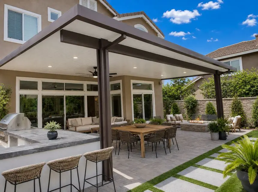 Wood-grain aluminum patio cover over an outdoor kitchen and dining patio