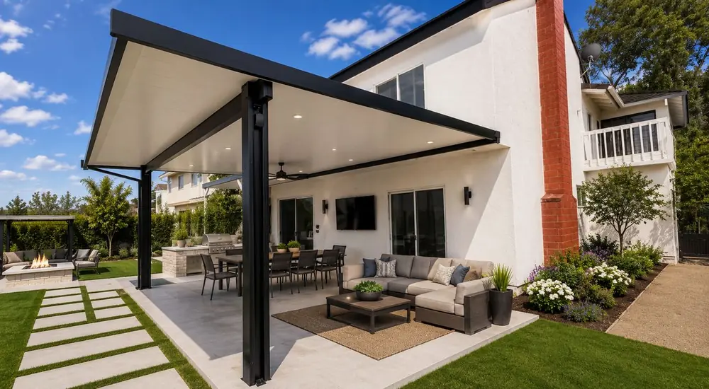 White patio cover with black trim over a modern paver patio with lounge seating