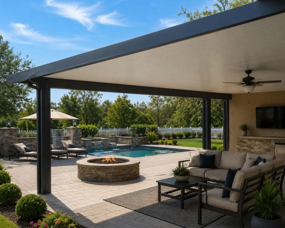 Insulated wood-grain aluminum patio cover with a charcoal fascia over a fire pit and pool
