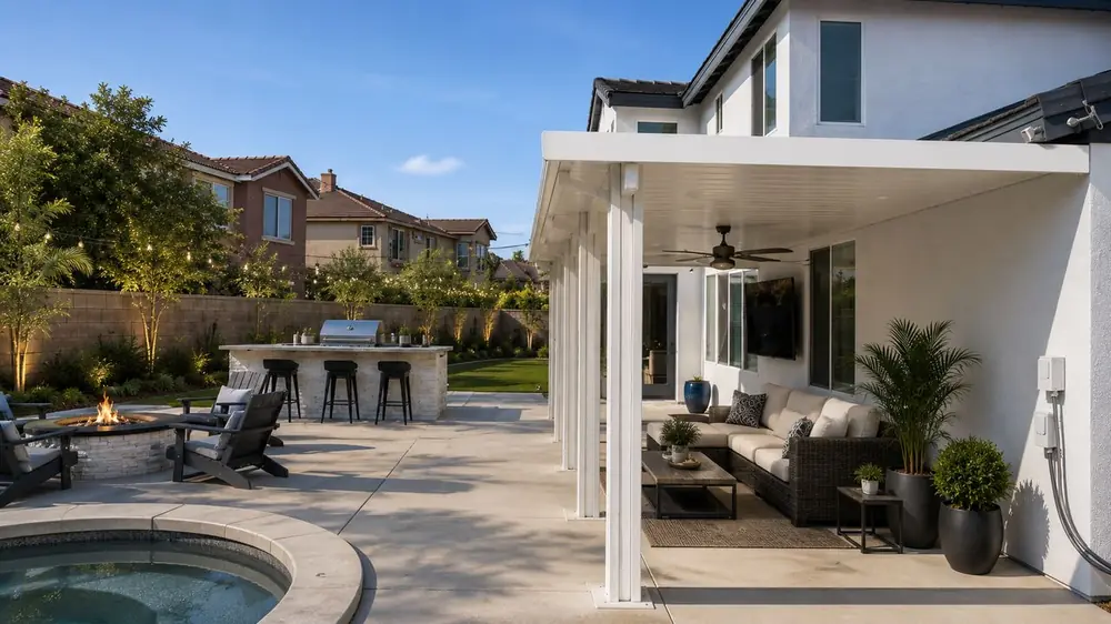 White wood-grain aluminum patio cover over a backyard with a spa and fire pit