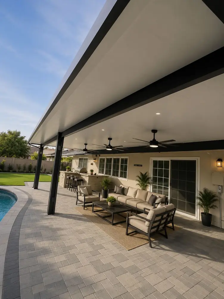 Black wood-grain aluminum patio cover beside a pool with lounge and dining