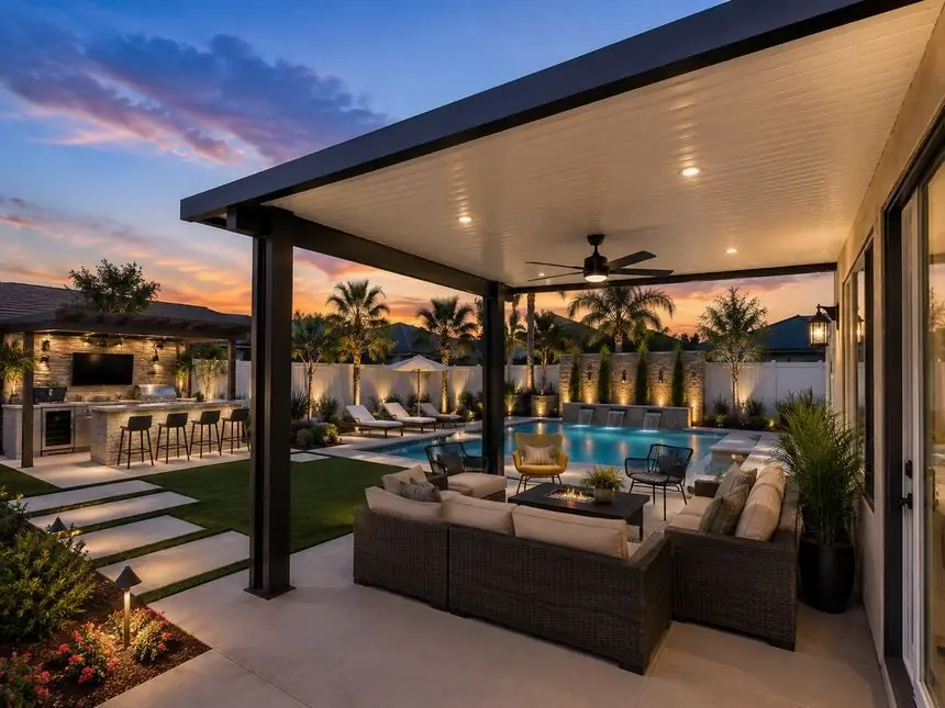 Wood-grain aluminum patio cover with recessed lighting beside a pool at sunset in the Inland Empire