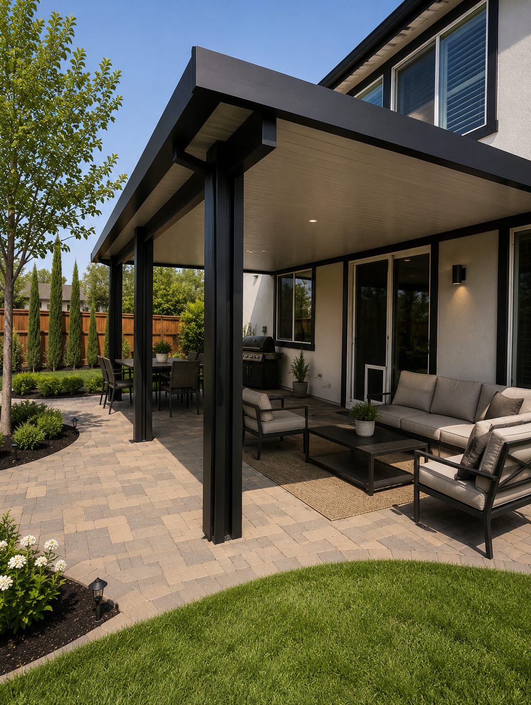 Solid-roof wood-grain aluminum patio cover with a matte-black frame over a paver patio