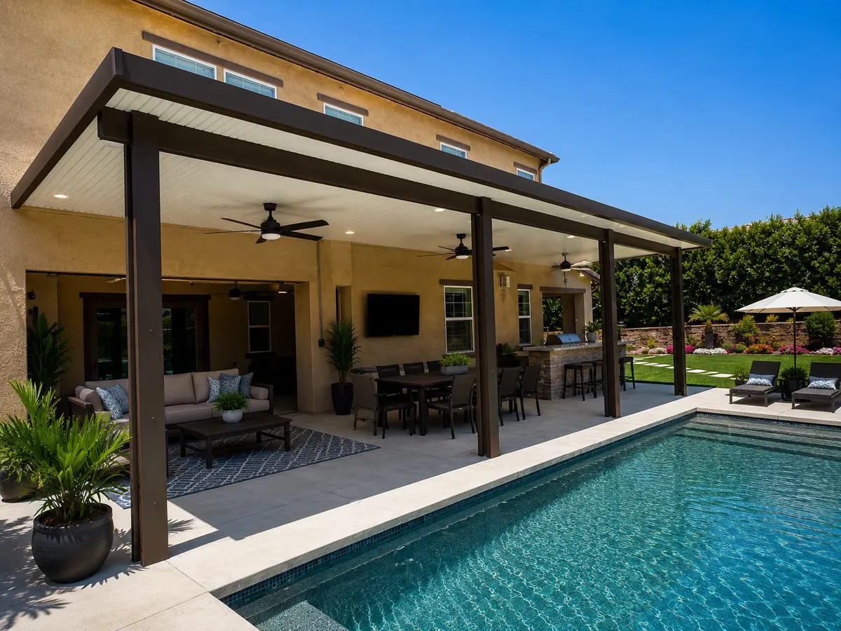 Attached solid-roof wood-grain aluminum patio cover with recessed lighting and ceiling fans shading a poolside patio