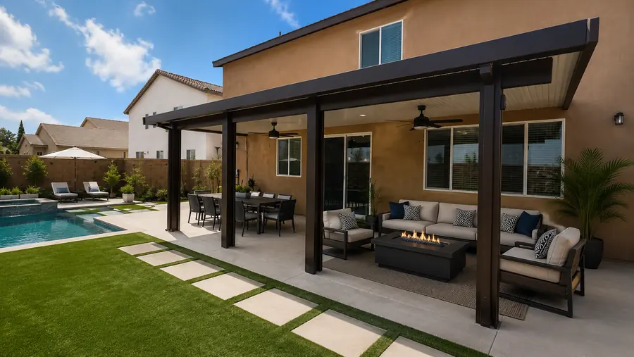 Bronze insulated aluminum patio cover with ceiling fans over a fire-pit lounge beside a pool