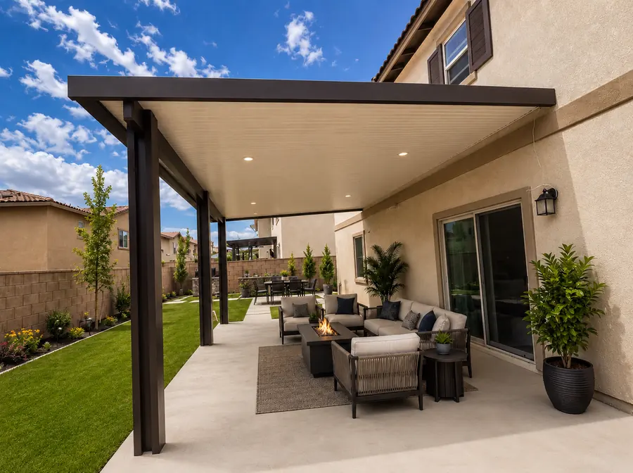 Bronze insulated aluminum patio cover with recessed lighting over a sectional lounge and fire table