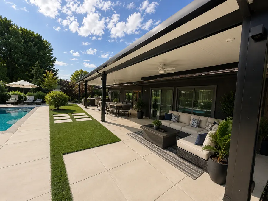 Black insulated aluminum patio cover over a poolside outdoor living and dining patio