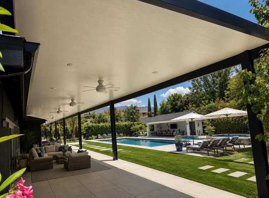 Black insulated aluminum patio cover with ceiling fans overlooking a pool and lawn