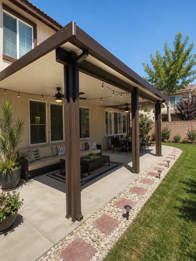 Brown wood-grain aluminum patio cover with string lights over a backyard lounge and dining patio