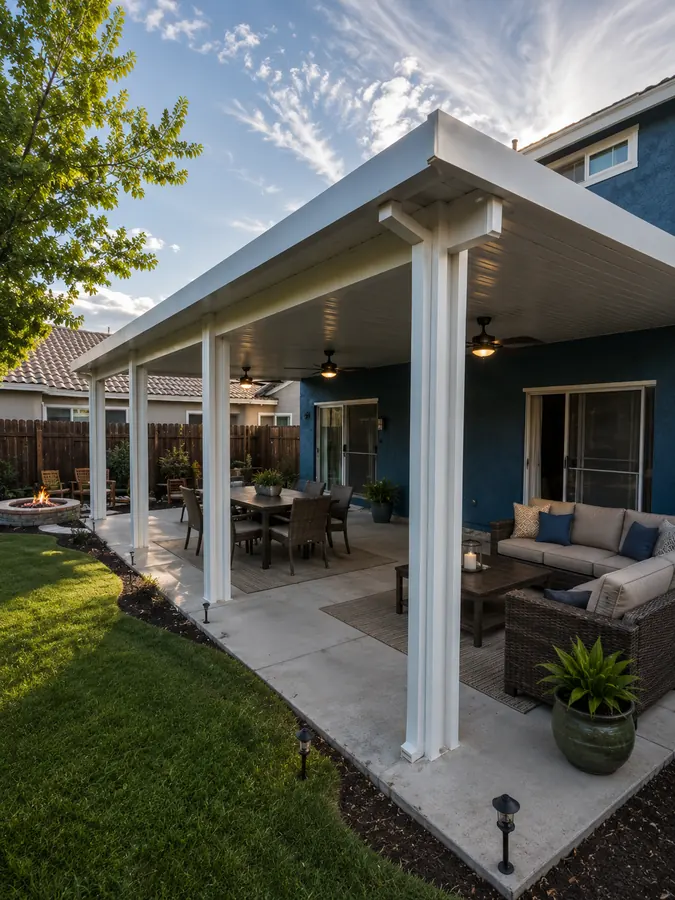 White wood-grain aluminum patio cover wrapping a corner lounge and dining patio with a fire pit