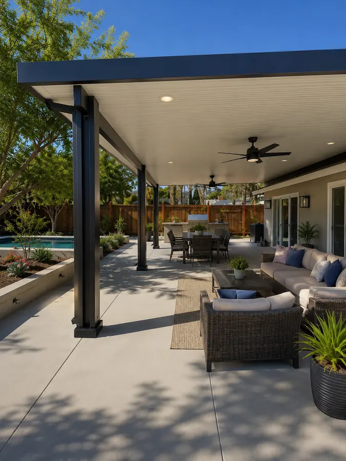 Black wood-grain aluminum patio cover over a modern lounge with a built-in grill