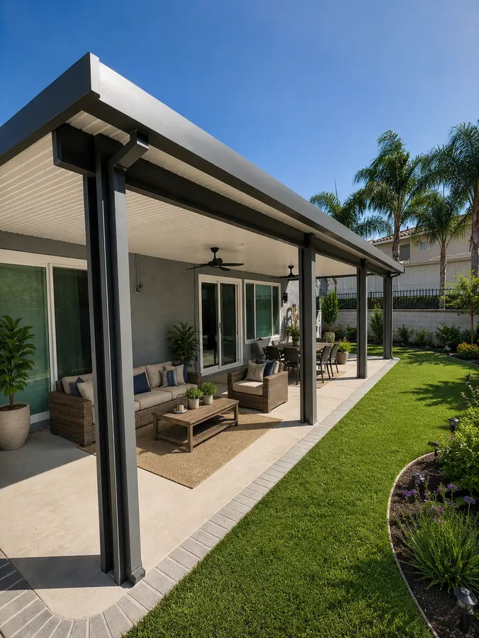 Slate-gray wood-grain aluminum patio cover running the length of a backyard patio with palms