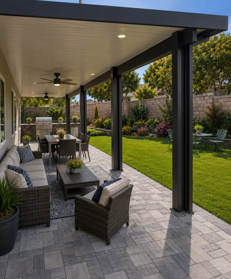 Black wood-grain aluminum patio cover over a paver lounge and dining patio with garden lighting
