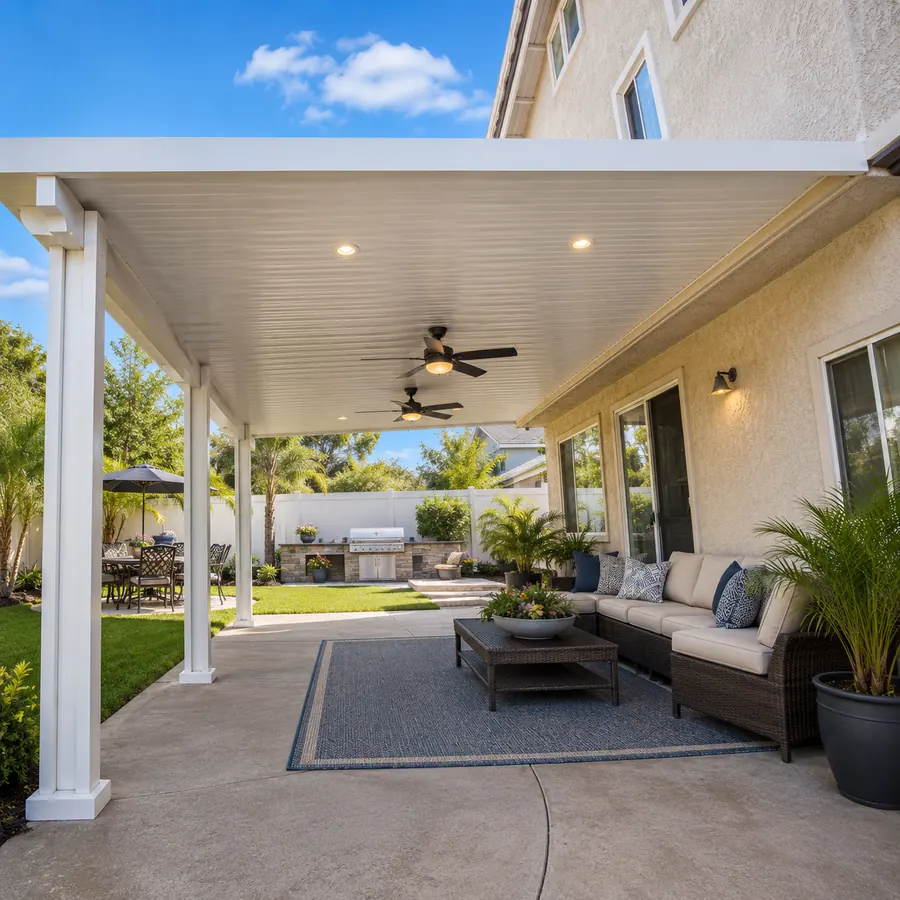 White wood-grain aluminum patio cover with ceiling fans over a sectional lounge and outdoor kitchen