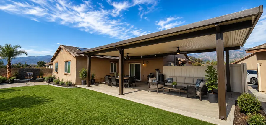 Bronze insulated aluminum patio cover spanning a backyard lounge and dining patio with mountain views
