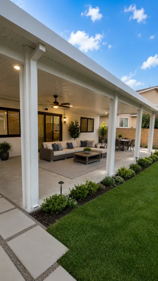 White wood-grain aluminum patio cover over a backyard lounge and dining area beside a manicured lawn