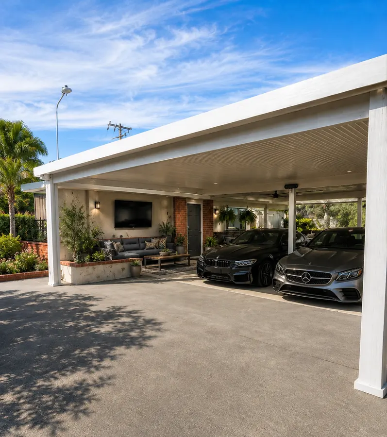 White wood-grain aluminum cover shading a driveway carport beside an outdoor lounge