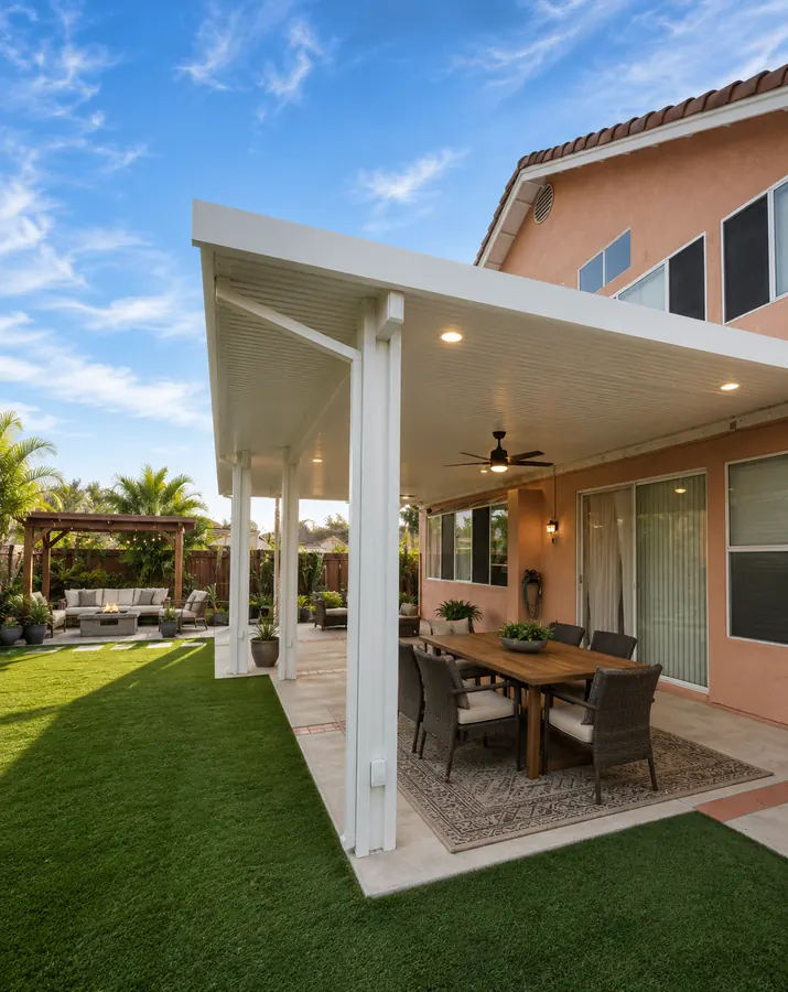 White wood-grain aluminum patio cover with recessed lighting over a backyard dining patio