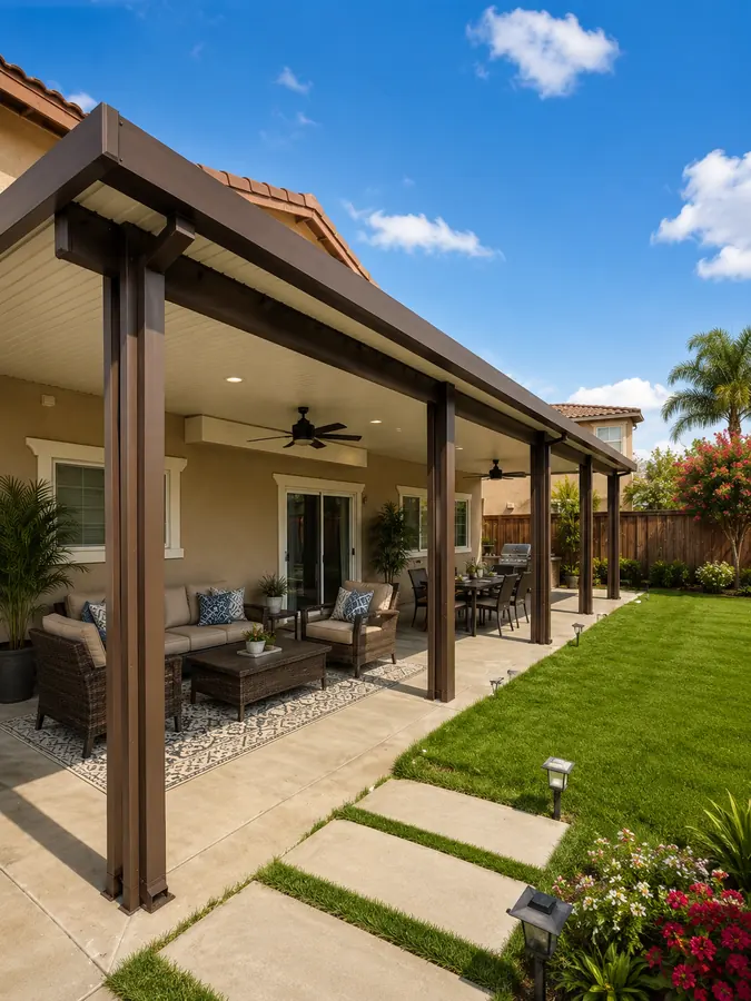Brown wood-grain aluminum patio cover over a backyard lounge and dining patio beside a garden