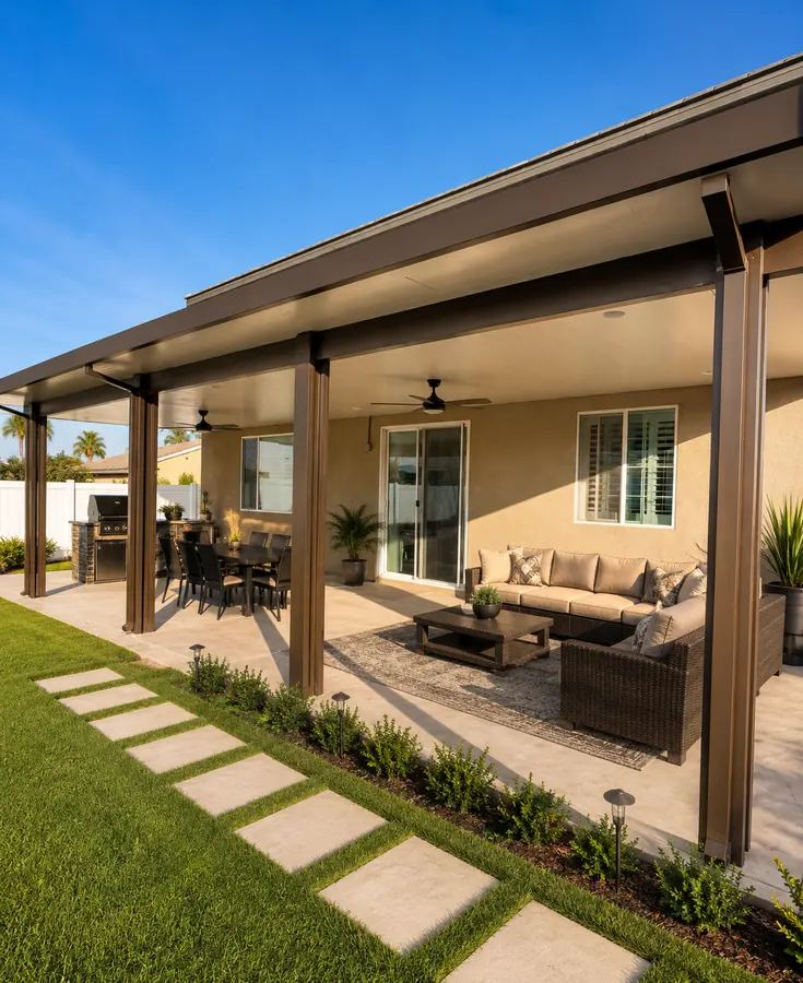 Brown insulated aluminum patio cover over a backyard lounge and dining patio with a built-in grill